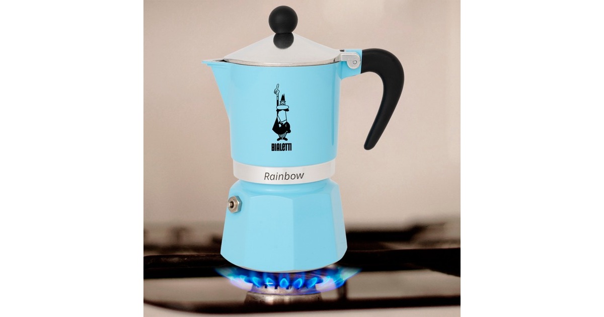 Bialetti Rainbow Caffettiera 1 tazza azzurra celeste, 0,06 L, Alluminio,  Termoplastica, Blu, 140 mm, 6,2 cm