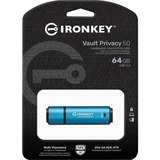 Kingston IronKey Vault Privacy 50 unità flash USB 64 GB USB tipo A 3.2 Gen 1 (3.1 Gen 1) Blu celeste/Nero, 64 GB, USB tipo A, 3.2 Gen 1 (3.1 Gen 1), 250 MB/s, Cuffia, Blu