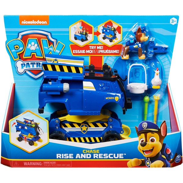 Spin Master Paw Patrol, Veicolo della polizia Rise N' Rescue di Chase, Veicolo trasformabile Paw Patrol con personaggio di Chase e accessori  inclusi