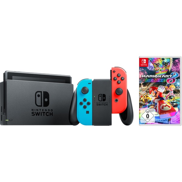 nintendo switch in neon with mario kart game and accessories